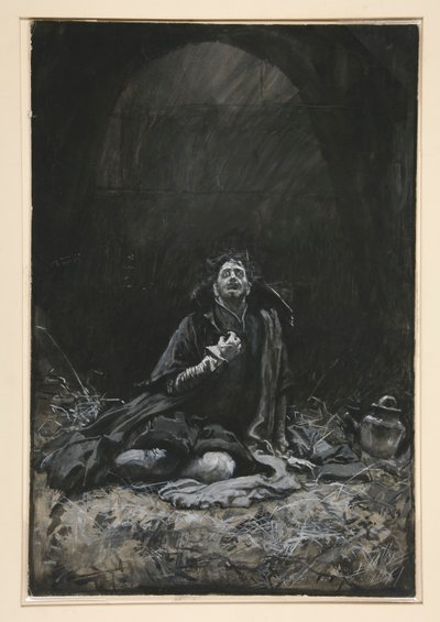 Malvolio en el calabozo, ilustración del Acto III, Escena IV, Noche de Reyes de Edwin Austin Abbey