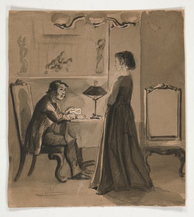 Hombre y mujer en un interior - ilustración no identificada de Edwin Austin Abbey