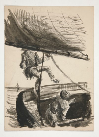 Hombre tirado por la borda por la botavara de un velero (anverso); Ilustración no identificada del niño hombre brillante de Edwin Austin Abbey