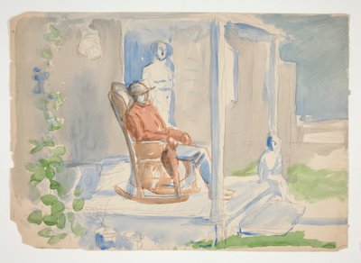 Hombre en una mecedora en el porche delantero con su esposa y su hijo - ilustración no identificada de Edwin Austin Abbey