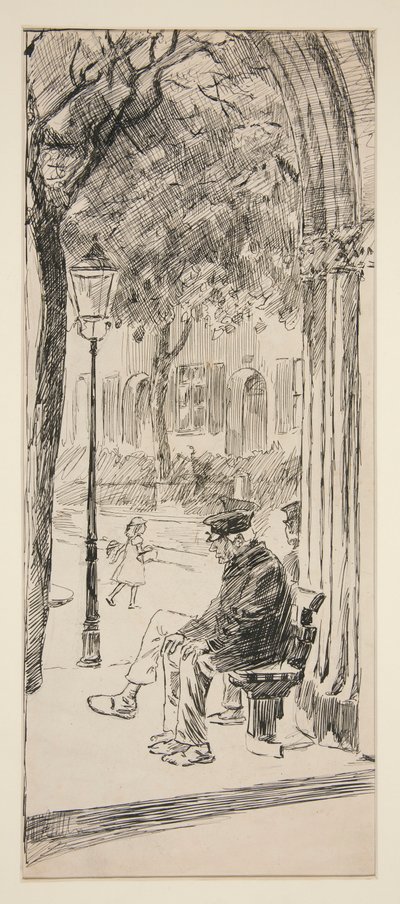 hombre, en, banca de parque, -, no identificado, ilustración de Edwin Austin Abbey