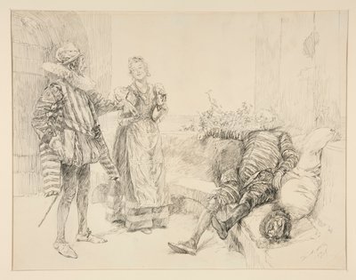 Maria, Sir Andrew y Toby, ilustración del Acto I, Escena III, Noche de Reyes de Edwin Austin Abbey
