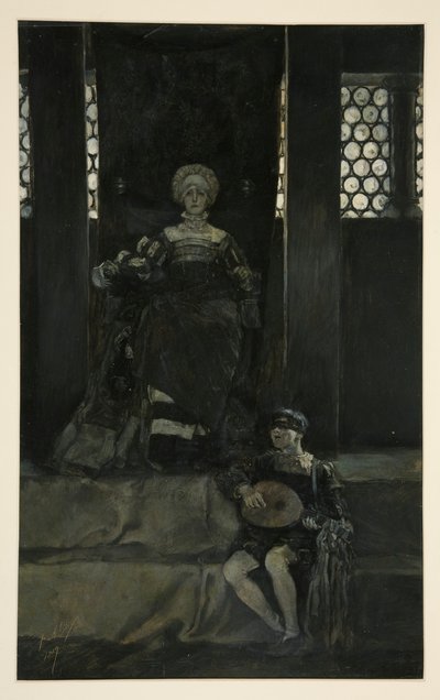 Mariana y niño cantando - Acto III, Escena I, Medida por Medida de Edwin Austin Abbey