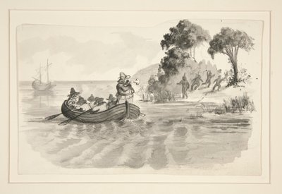 Hombres en bote de remos que huyen de los indios en la costa - ilustración no identificada (¿Colón descubriendo el Nuevo Mundo?) - exploradores que aterrizan en el Nuevo Mundo de Edwin Austin Abbey