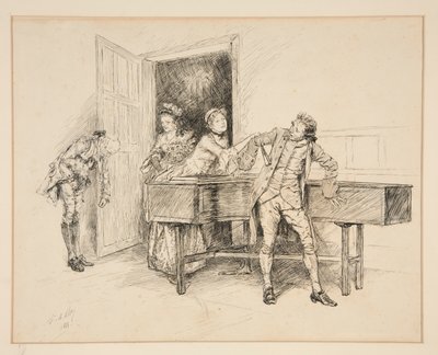 Nan y Piano, ilustración para Oliver Goldsmith de Edwin Austin Abbey