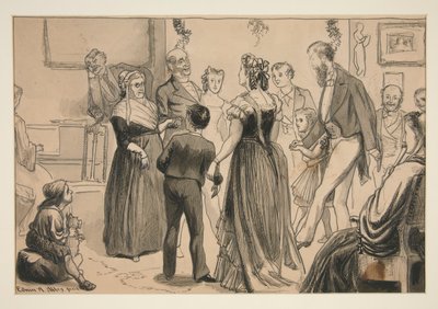Fiesta en una casa victoriana - ilustración no identificada de Edwin Austin Abbey
