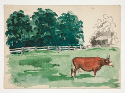 Escena de pasto con vaca en primer plano de Edwin Austin Abbey
