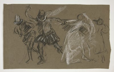 Petruchio tirando de Katharina, de La fierecilla domada (anverso); Boceto de figura sentada (verso) de Edwin Austin Abbey