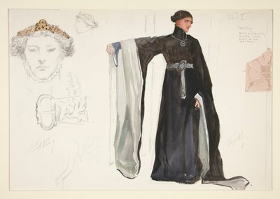 Ricardo II (de negro), boceto de vestuario para Henry Irving de Edwin Austin Abbey