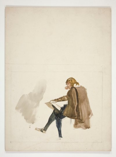 Hombre joven sentado en capa marrón, leyendo - ilustración no identificada de Edwin Austin Abbey