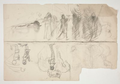 Hoja de bocetos para la serie de murales The Quest of the Holy Grail en la Biblioteca Pública de Boston (anverso); Boceto no identificado (verso) de Edwin Austin Abbey