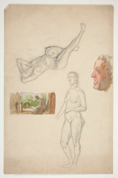 Hoja de bocetos: dos mujeres desnudas, perfil de un hombre, figura sentada en un interior de Edwin Austin Abbey
