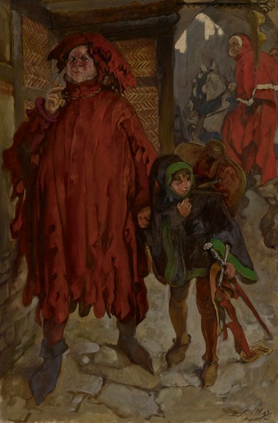 Sir John Falstaff con su paje, Rey Enrique IV, Parte II, Acto I, Escena II de Edwin Austin Abbey