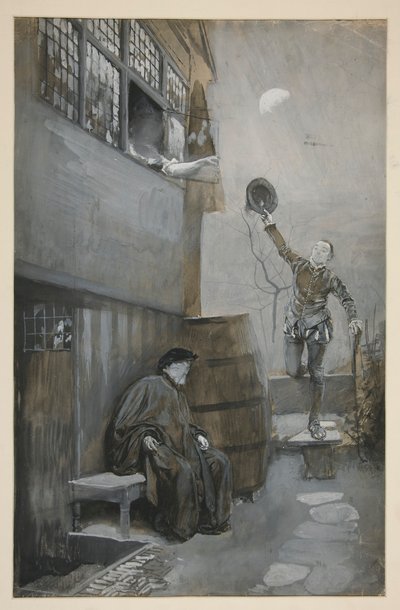 Sketch for Nighttime Rendezvous - 3 figuras: dos hombres, una mujer de Edwin Austin Abbey