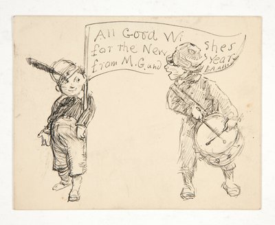 Boceto para una tarjeta de felicitación: Todos los buenos deseos para el Año Nuevo de M.G. y E. A. Abadía de Edwin Austin Abbey