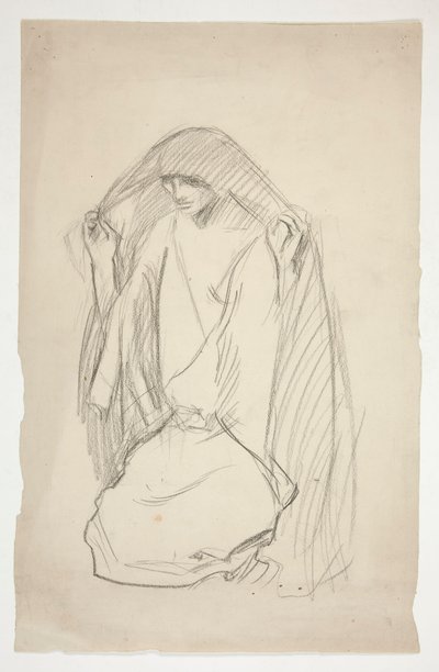 Boceto de una figura femenina encapuchada en oración por las Tres Marías en la Cruz de Edwin Austin Abbey