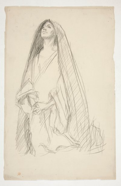 Boceto de una figura femenina encapuchada en oración por las Tres Marías en la Cruz de Edwin Austin Abbey