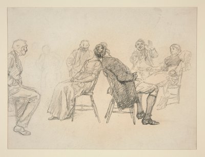 Boceto de una pareja jugando, rodeada de espectadores, en un interior (?) - ilustración no identificada de Edwin Austin Abbey