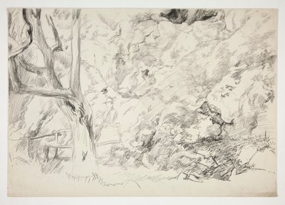 Bosquejo de un paisaje con árbol, cerca y figura femenina de Edwin Austin Abbey