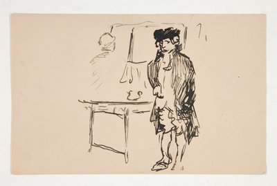 Bosquejo de un hombre vestido de revolucionario al lado de una mesa de Edwin Austin Abbey