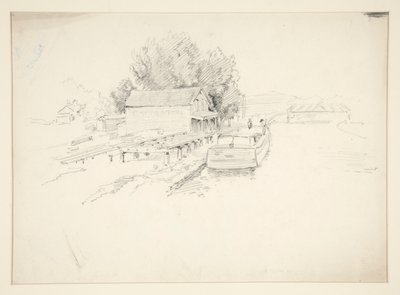 Bosquejo de un muelle, con un barco de pesca y una tienda junto al muelle de Edwin Austin Abbey