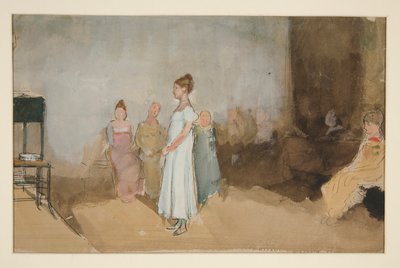 Bosquejo de una mujer en un interior - ilustración no identificada de Edwin Austin Abbey