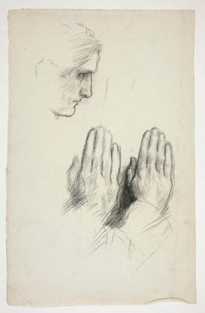 Bosquejo de un joven de perfil; boceto de dos juegos de manos en oración de Edwin Austin Abbey