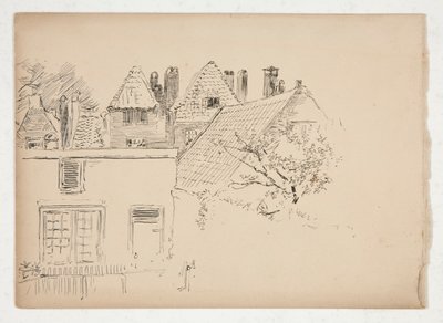 Bosquejo de un exterior: edificios y árbol de Edwin Austin Abbey