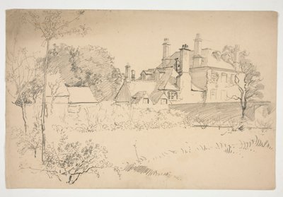 Boceto de un exterior: jardín, muro y gran casa victoriana de Edwin Austin Abbey