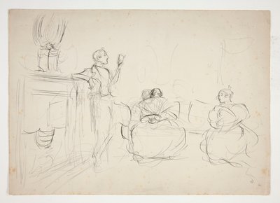 Bosquejo de un interior: hombre leyendo en voz alta, mujeres tejiendo - ilustración no identificada de Edwin Austin Abbey