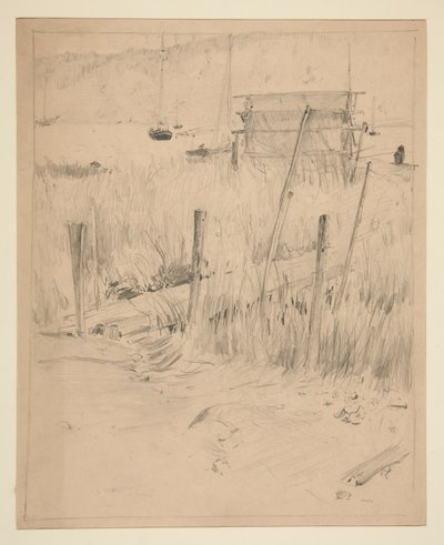 Bosquejo de un viejo muelle, con malas hierbas creciendo a su alrededor de Edwin Austin Abbey