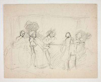Bosquejo de figuras alrededor de una mesa - ilustración no identificada para una obra de teatro (?) de Edwin Austin Abbey