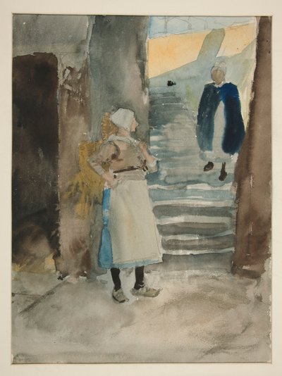 Escena callejera con dos pescaderas- ilustración no identificada de Edwin Austin Abbey