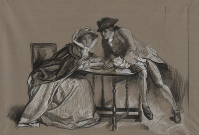 Estudiar. Dama y caballero conversando al otro lado de una mesa de Edwin Austin Abbey