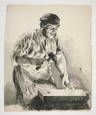 Estudio de un herrero, martillando hierro - ilustración no identificada de Edwin Austin Abbey