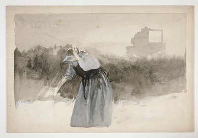 Estudio de una mujer con capó, inclinada sobre - (ilustración no identificada) de Edwin Austin Abbey