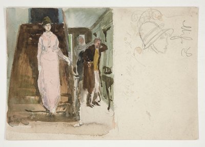 Estudio de un interior: pareja preparándose para salir por la noche. de Edwin Austin Abbey