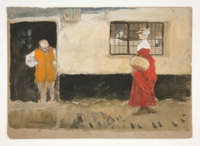 Estudio de escena callejera, hombre en la puerta, mujer vestida de rojo. de Edwin Austin Abbey