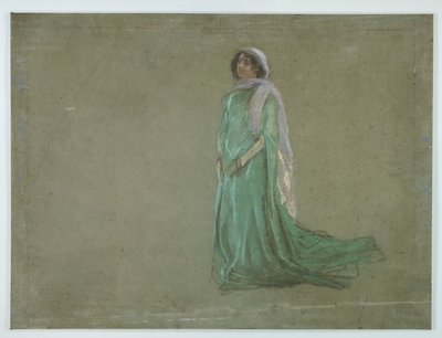 Estudio, mujer con vestido verde largo, bufanda rosa. de Edwin Austin Abbey