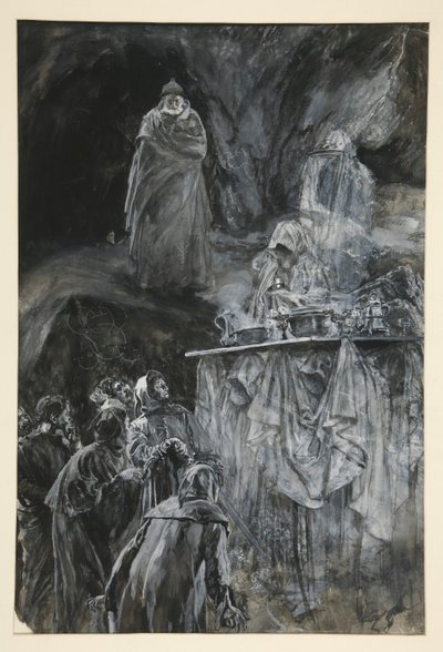 El Banquete, ilustración del Acto III, Escena III, La Tempestad de Edwin Austin Abbey