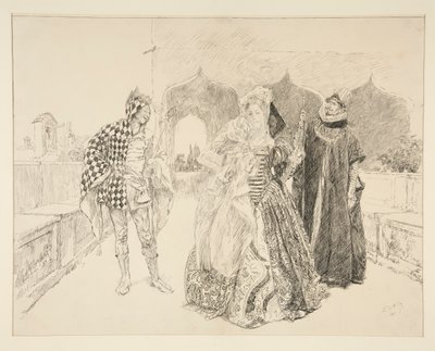 El Payaso y Malvolio, ilustración del Acto I, Escena V, Noche de Reyes de Edwin Austin Abbey
