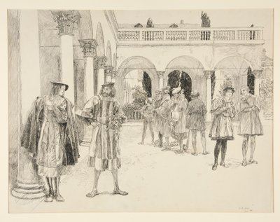 El Patio del Palacio, del Acto IV, Escena ii, Dos hidalgos de Verona de Edwin Austin Abbey