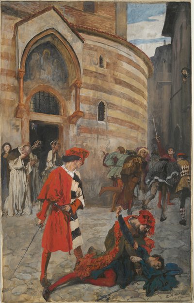 La muerte de Mercucio - Acto III, Escena I, Romeo y Julieta de Edwin Austin Abbey