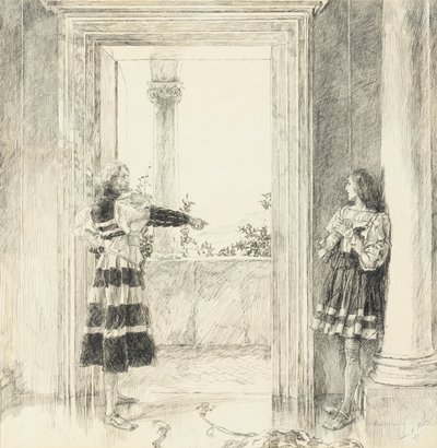 El duque expulsa a Valentine, del Acto III, Escena i, Dos caballeros de Verona de Edwin Austin Abbey