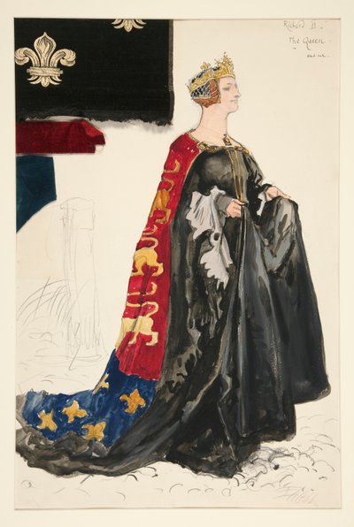 La reina (de negro), boceto de vestuario para Henry Irving de Edwin Austin Abbey