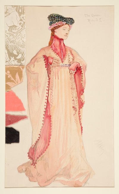 La reina (en rosa), boceto de vestuario para Henry Irving de Edwin Austin Abbey