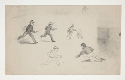 Tres estudios (hombres con caballos, estudio de cabeza) (anverso); Seis estudios de figuras que corren, estudio de un campanario (verso) de Edwin Austin Abbey