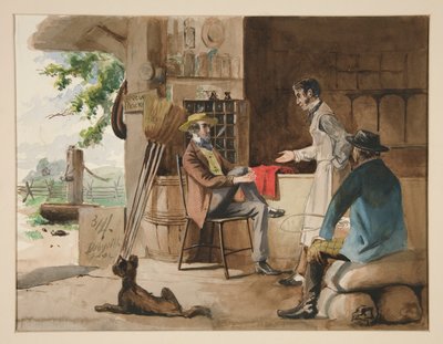 Tres hombres en una tienda de productos secos - tienda rural, Dolbyville de Edwin Austin Abbey