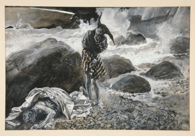 Trínculo y Calibán, ilustración del Acto II, Escena II, La Tempestad de Edwin Austin Abbey