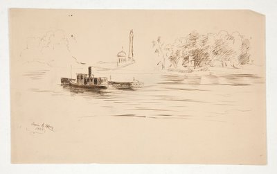 Remolcador empujando barcazas en el río de Edwin Austin Abbey